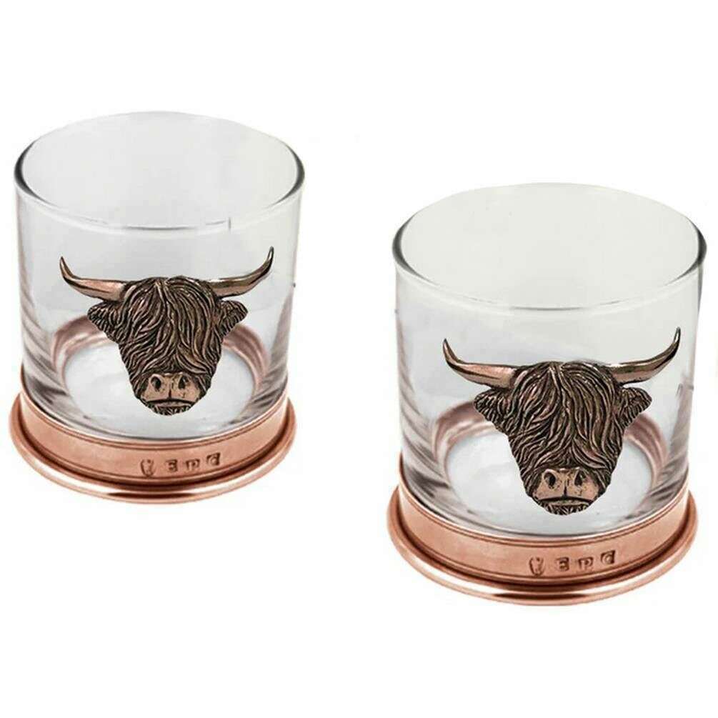 English Pewter Company 11oz Double Highland Cow Tumbler Set - Copper Orange/Clear