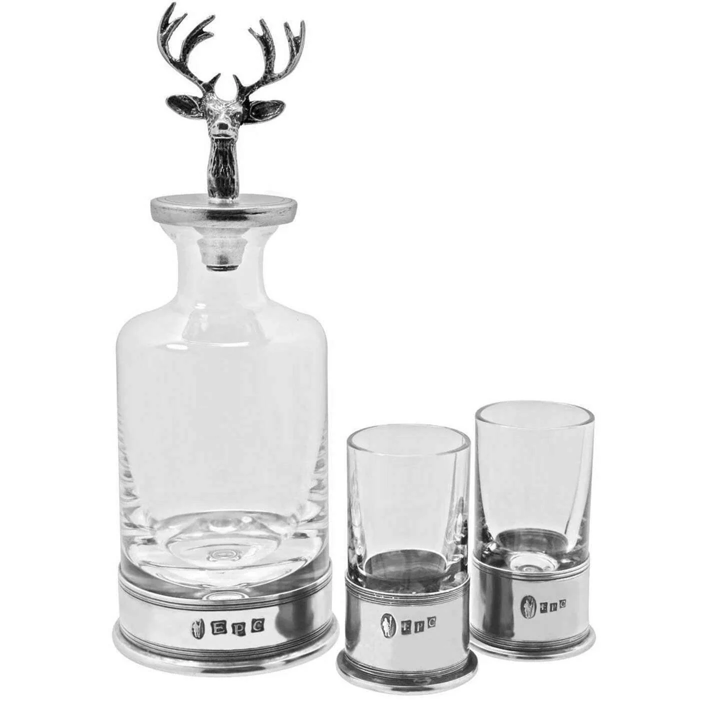 English Pewter Company 180ml Stag Mini Decanter and Shot Glass Box Set - Silver/Clear