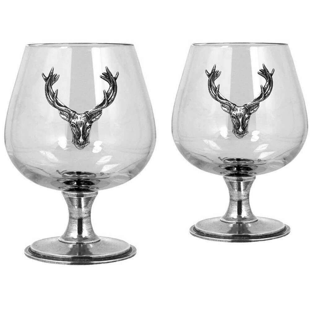 English Pewter Company 410ml Double Stag Brandy Glass Set - Silver/Clear