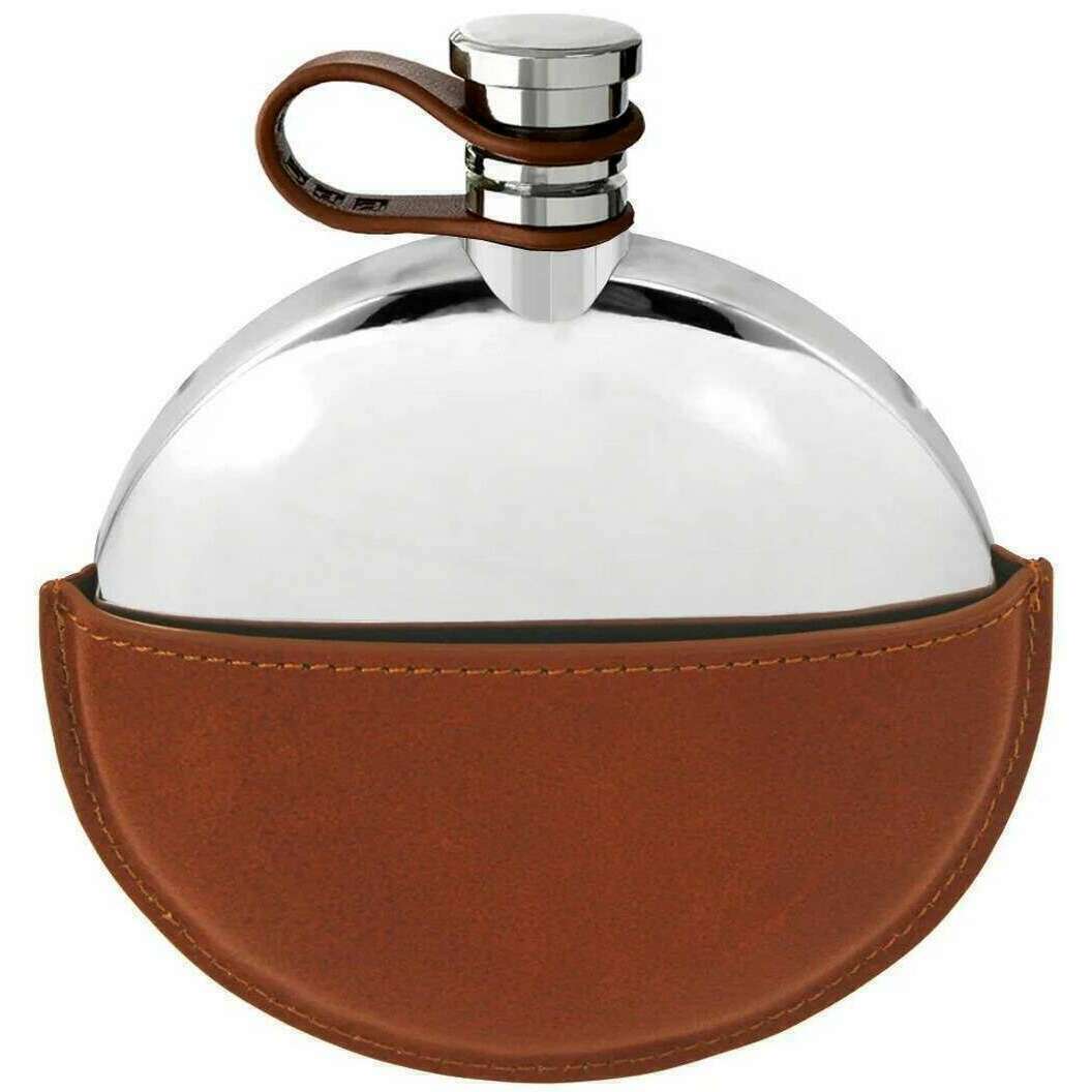English Pewter Company 5.5oz Ellipse Leather Pouch Flexi Cap Purse Flask - Silver