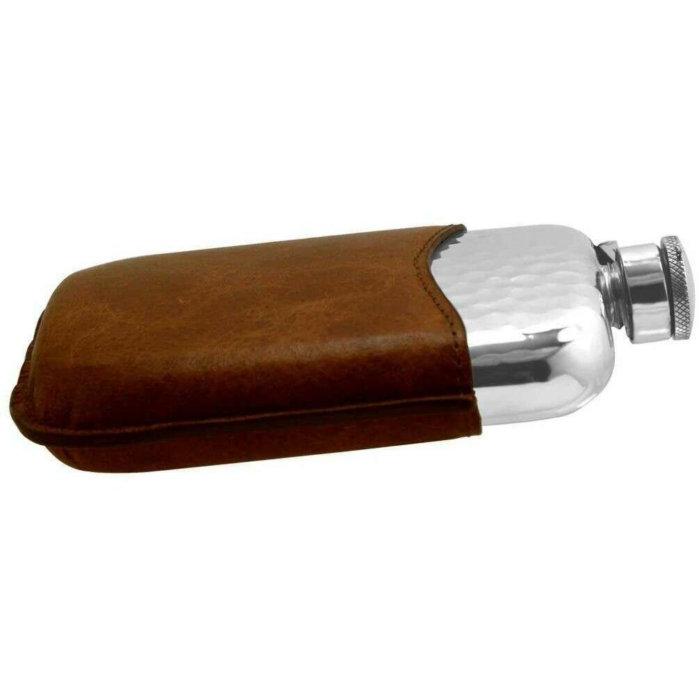 English Pewter Company 6oz Captive Top Hammered Purse Flask and Pouch - Silver/Brown - Image 2