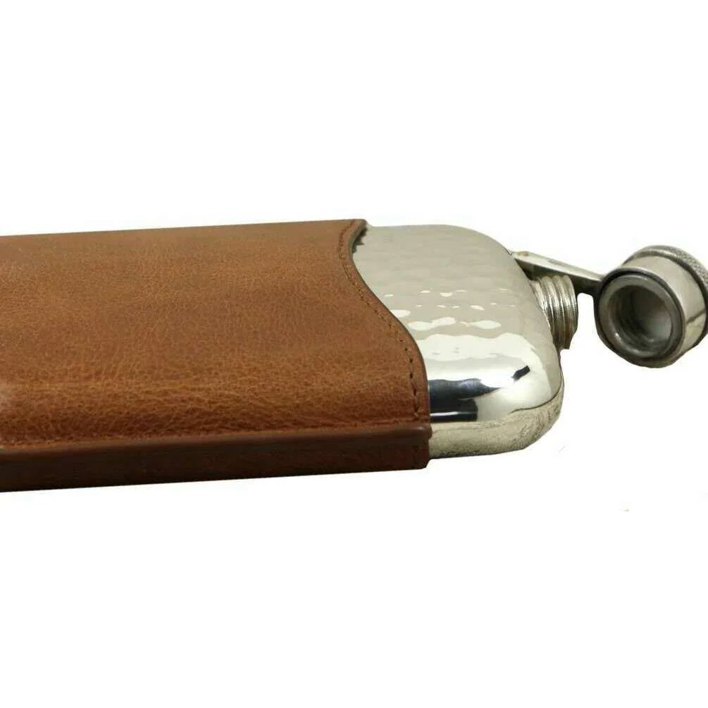 English Pewter Company 6oz Captive Top Hammered Purse Flask and Pouch - Silver/Brown - Image 3