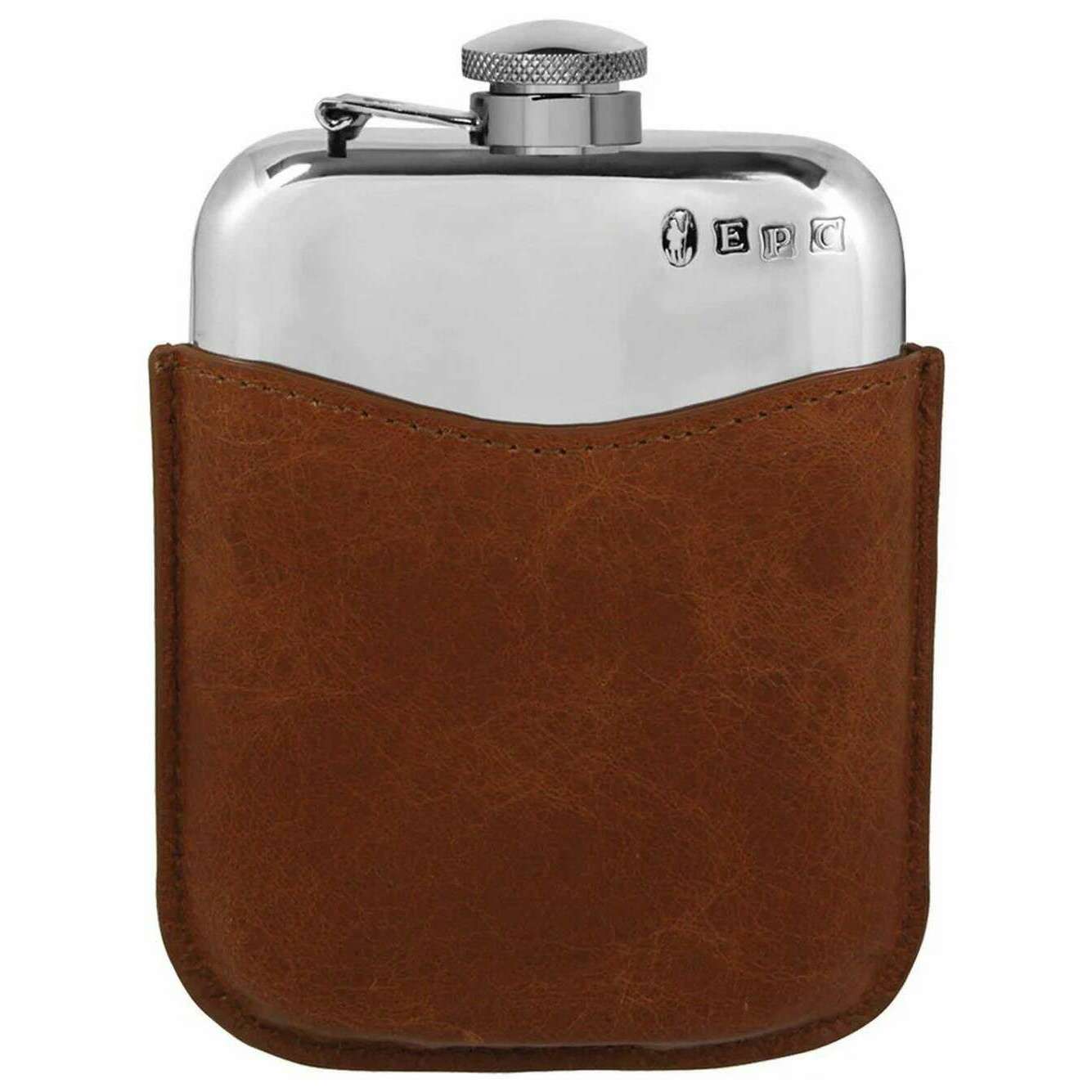 English Pewter Company 6oz Captive Top Purse Flask and Pouch - Silver/Brown