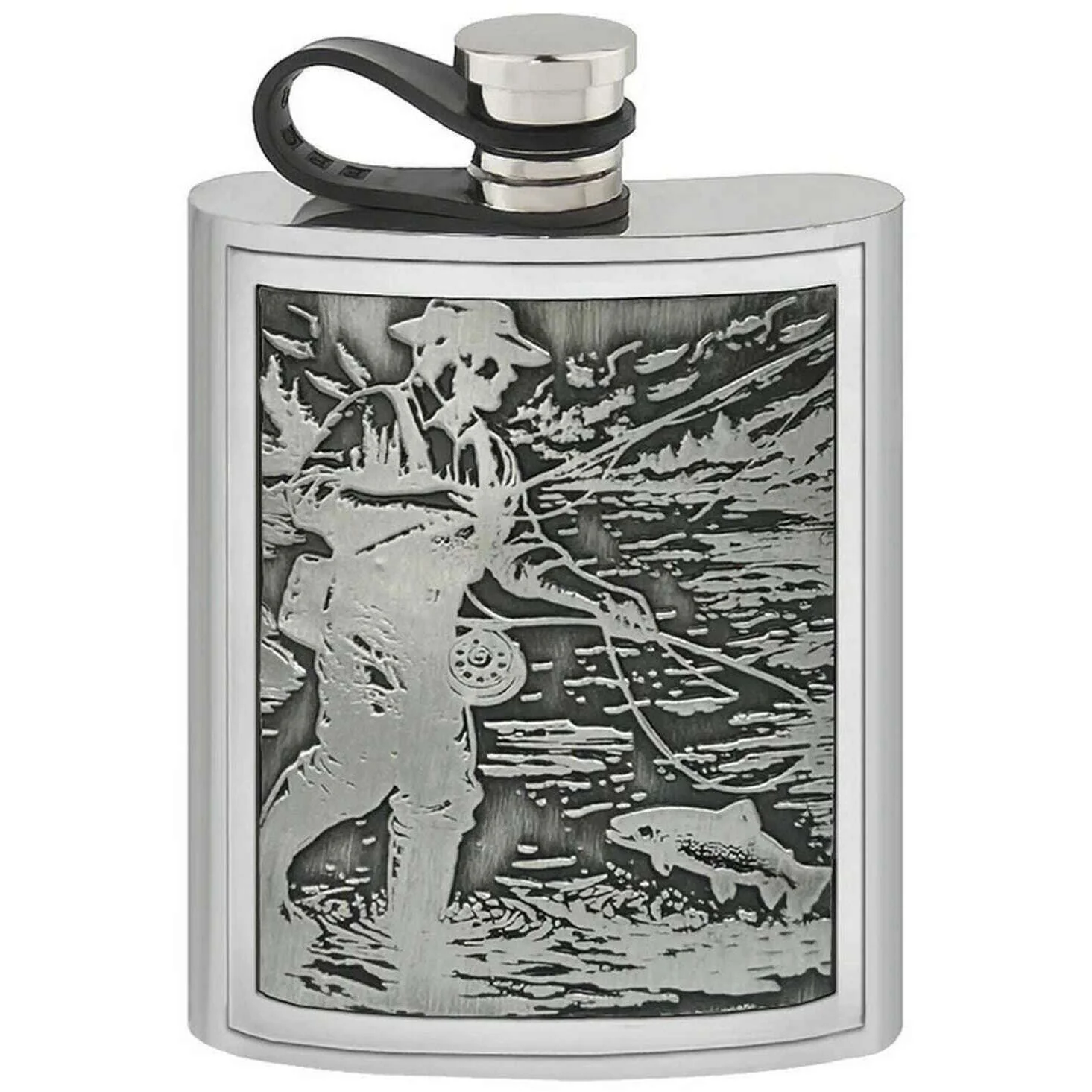 English Pewter Company 6oz Embossed Fishing Hip Flask - Silver