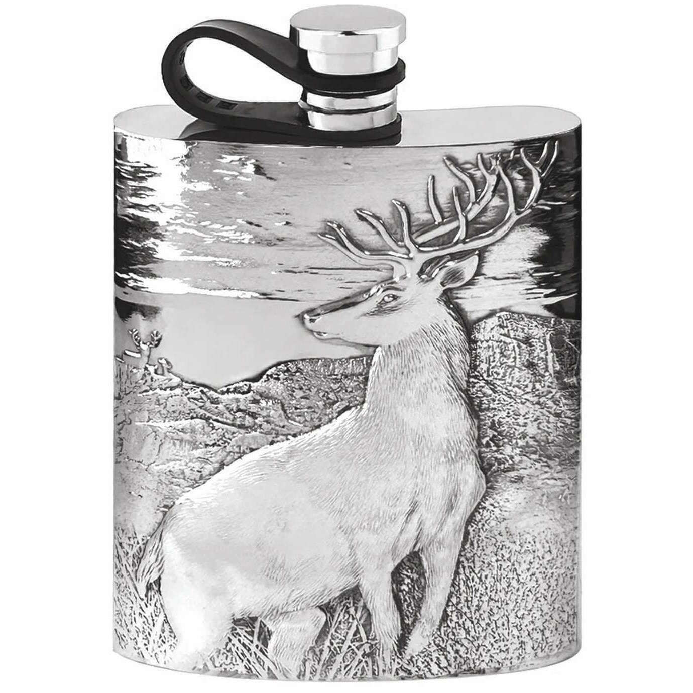 English Pewter Company 6oz Embossed Stag Flexi Cap Hip Flask - Silver