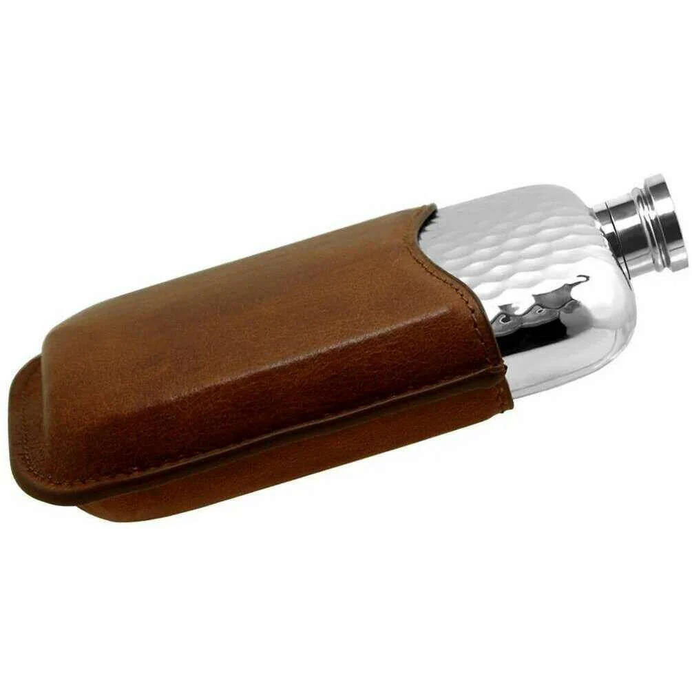 English Pewter Company 6oz Hammered Purse Flask and Pouch - Silver/Brown - Image 2