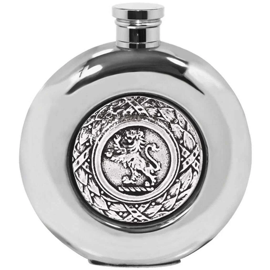 English Pewter Company 6oz Rampant Lion Round Disk Flask - Silver