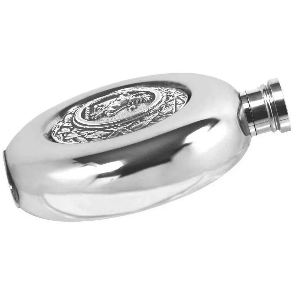English Pewter Company 6oz Rampant Lion Round Disk Flask - Silver - Image 2