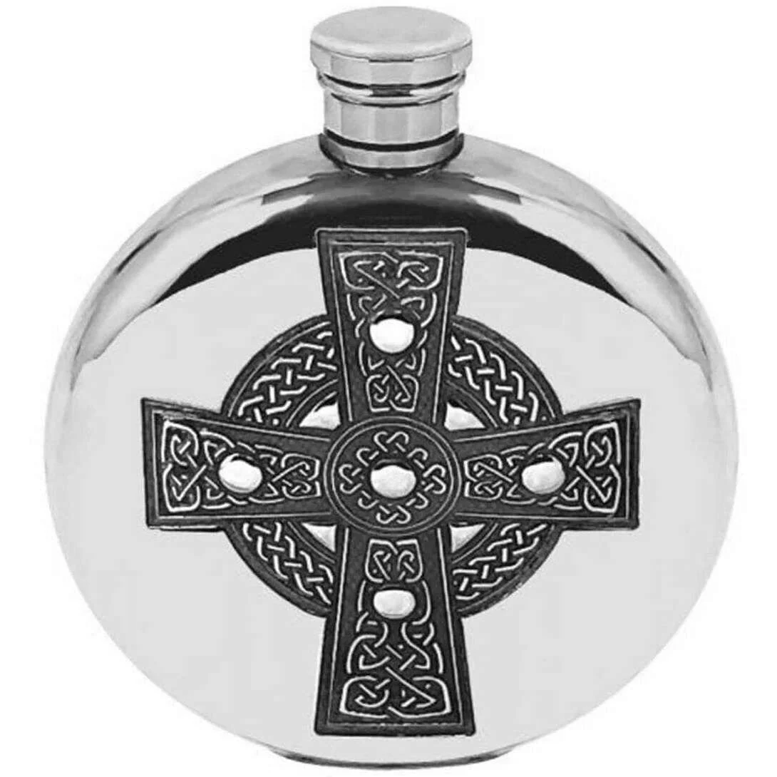 English Pewter Company 6oz Round Celtic Cross Flask - Silver