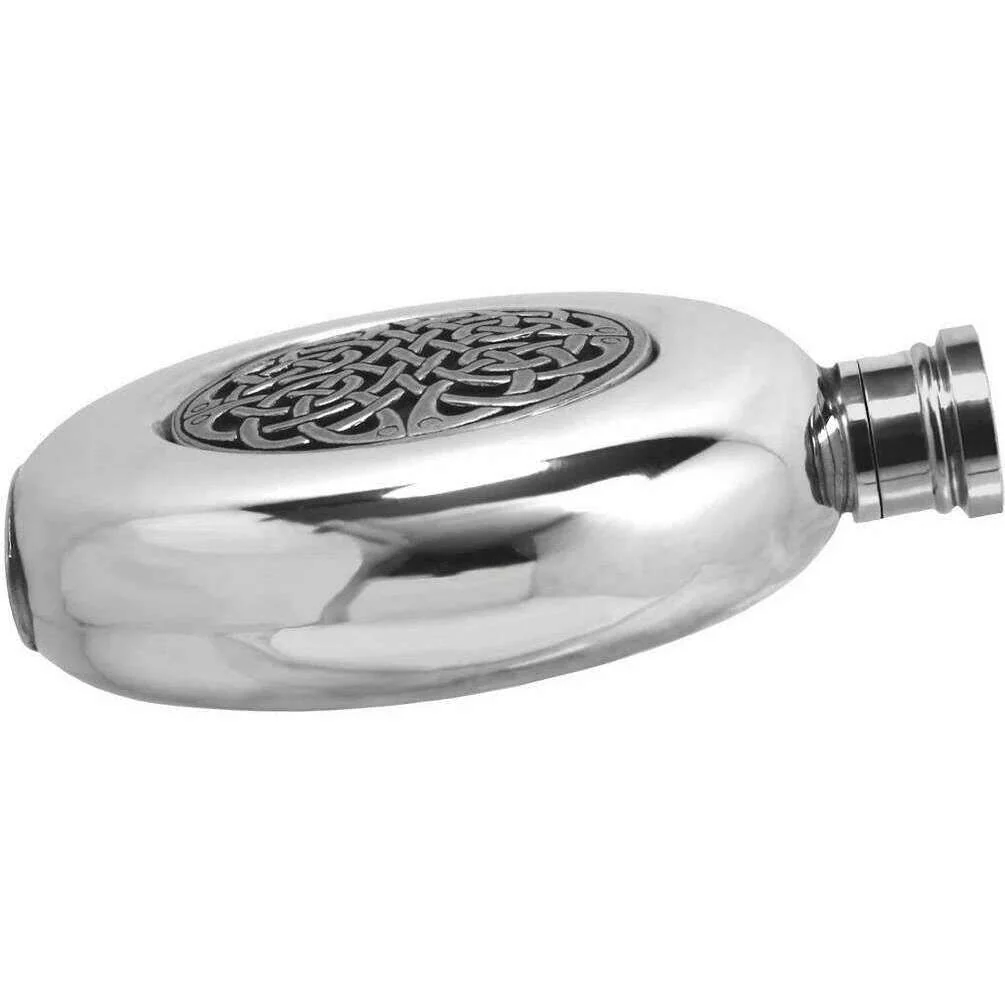 English Pewter Company 6oz Round Celtic Disk Flask - Silver - Image 2