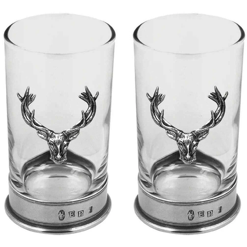 English Pewter Company 8 3/4 Double Stag Highball Spirit Glass Set - Silver/Clear