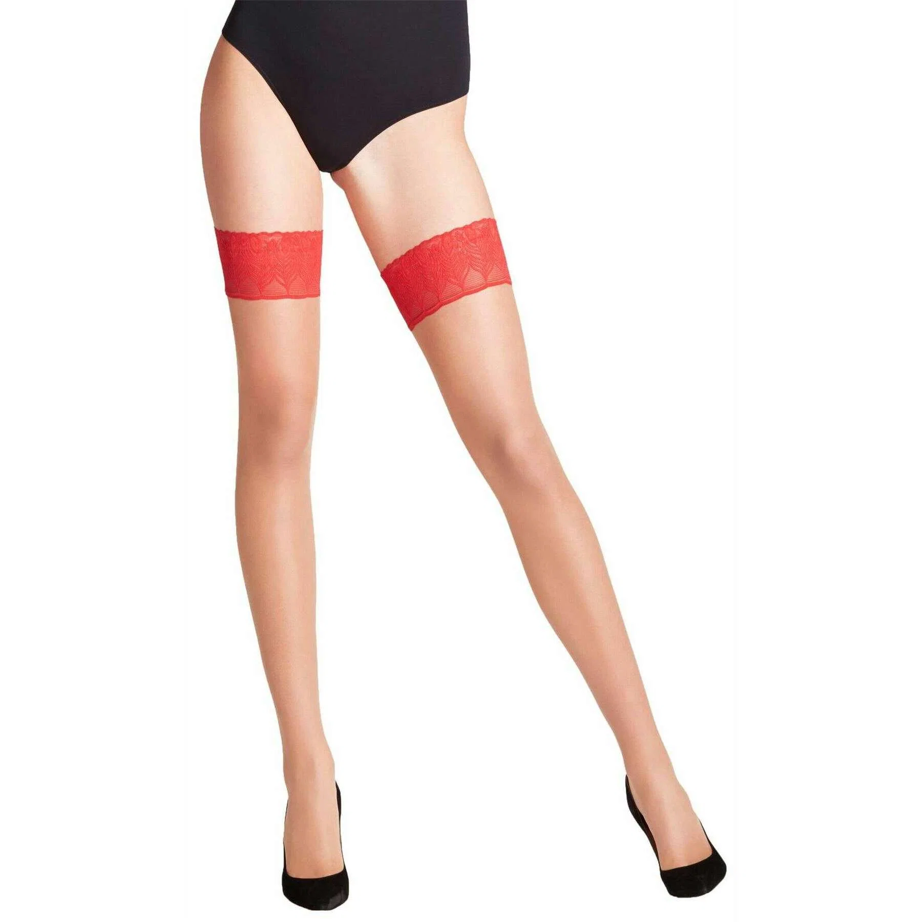 Falke Lunelle 8 Denier Stay-Ups - Powder/Red - Image 4