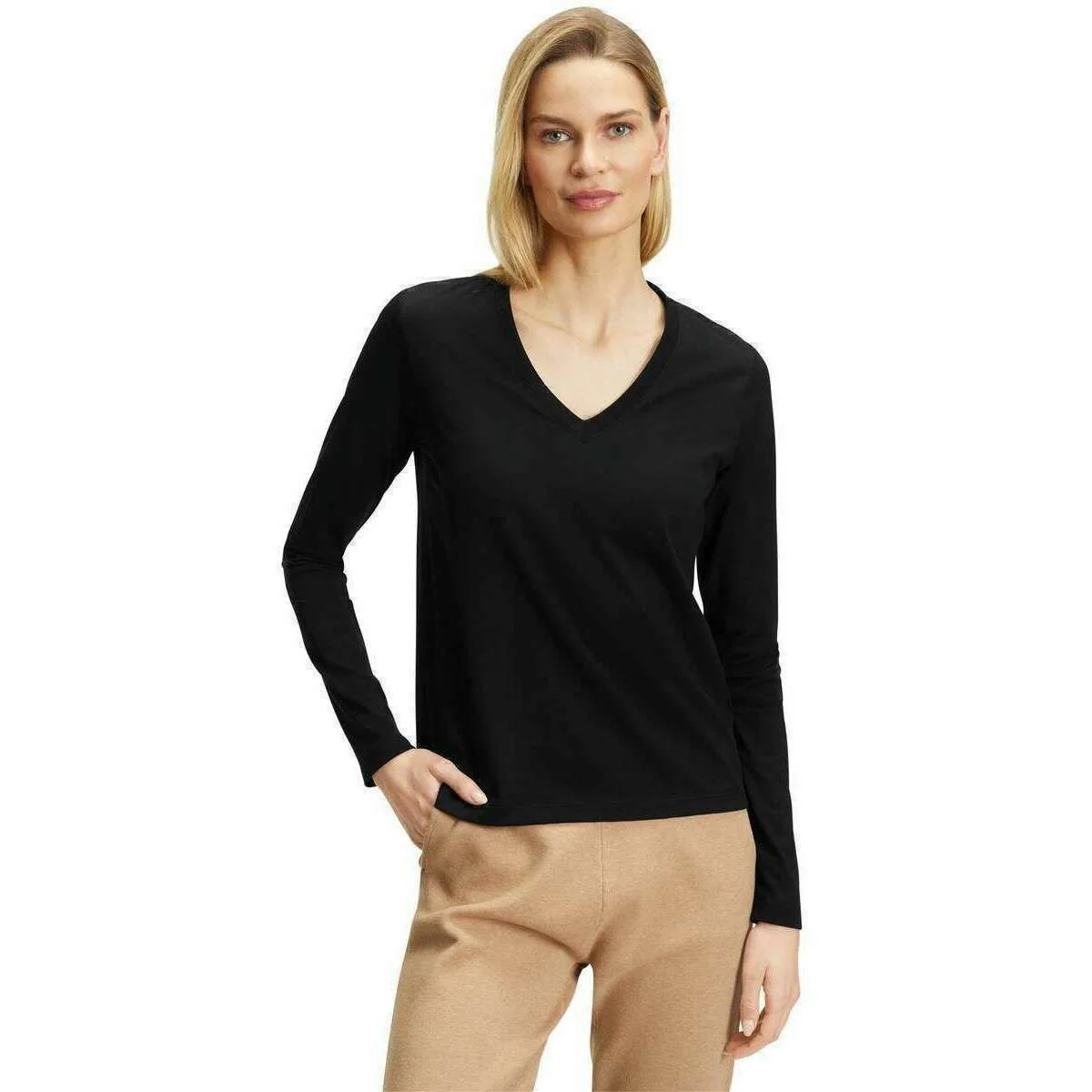 Falke Pima Jersey V-Neck Long Sleeve Shirt - Black - Image 2