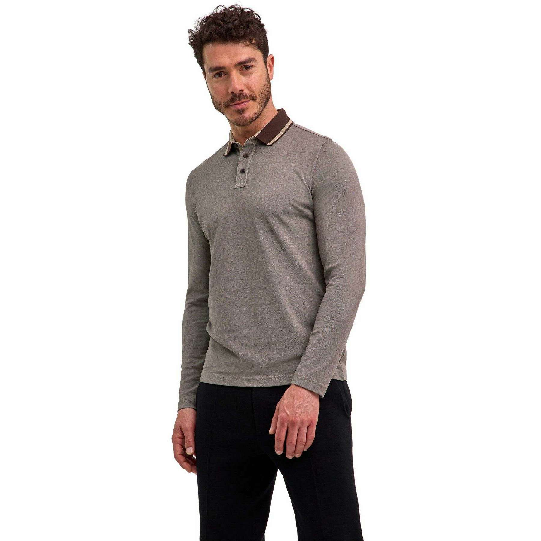 Falke Pima Piqu  Detail Long Sleeve Polo Shirt - Grey - Image 2