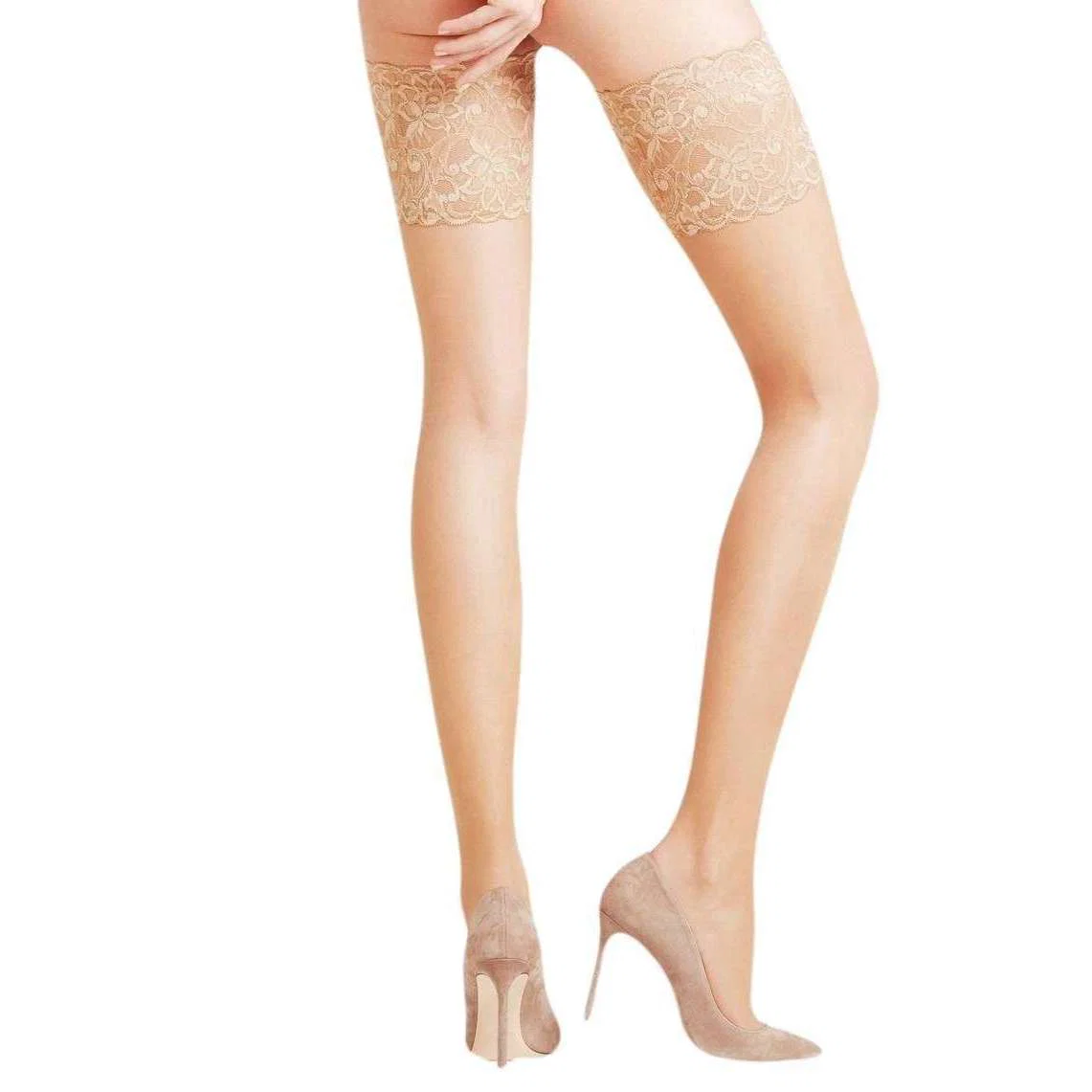 Falke Seidenglatt 15 Den Stay Up Transparent Floral Stockings - Powder Beige - Image 2