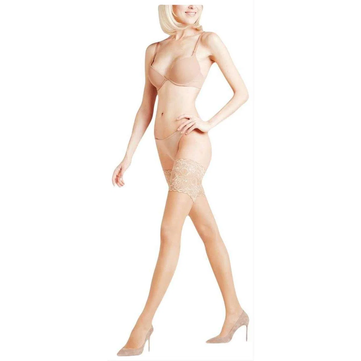 Falke Seidenglatt 15 Den Stay Up Transparent Floral Stockings - Powder Beige - Image 5