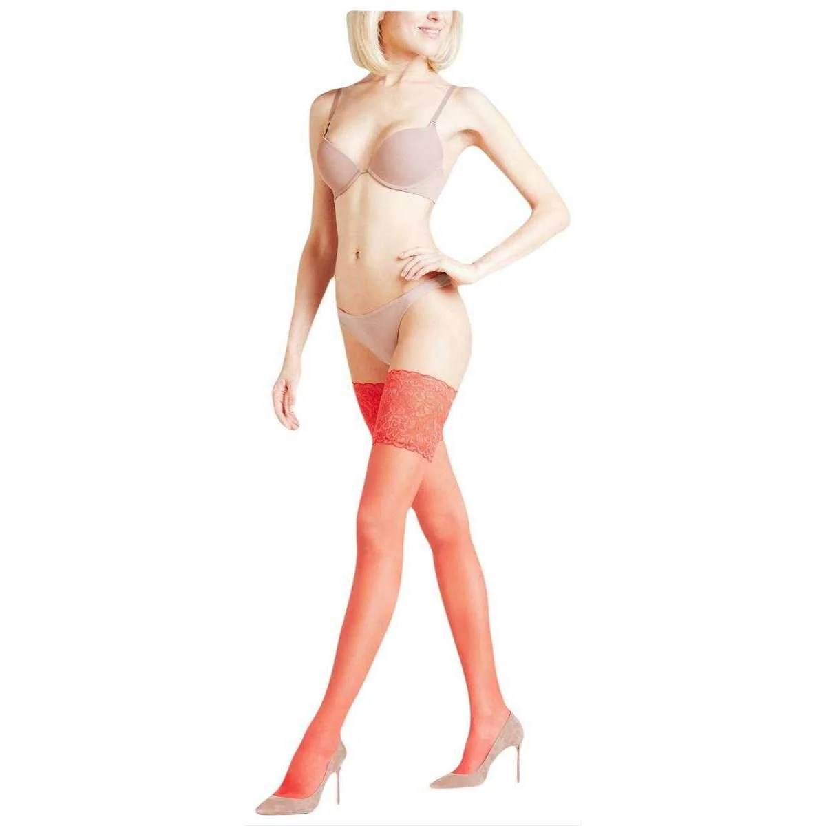 Falke Seidenglatt 15 Den Stay Up Transparent Floral Stockings - Red - Image 2