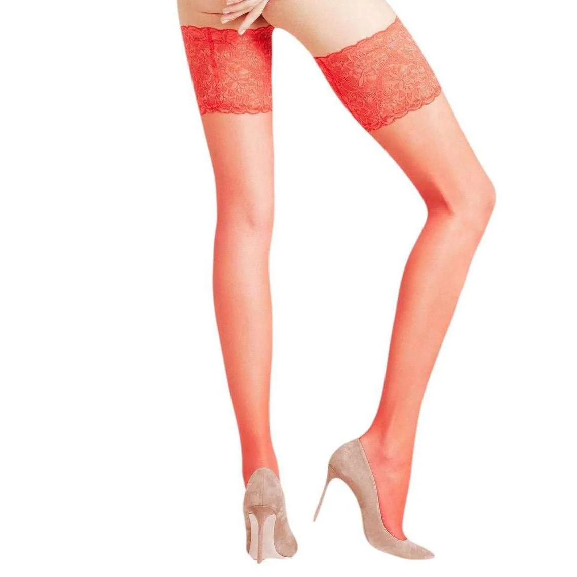 Falke Seidenglatt 15 Den Stay Up Transparent Floral Stockings - Red - Image 3