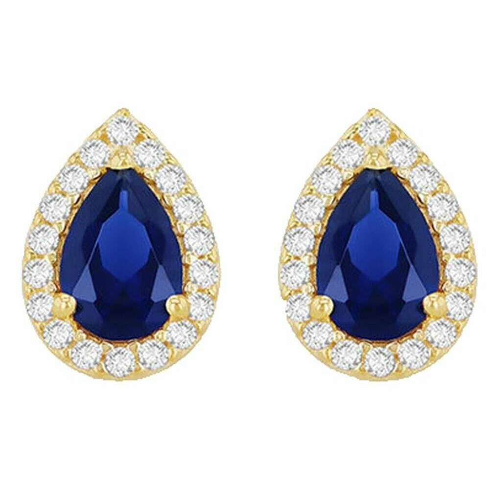 KJ Beckett Pear Shaped Halo Stud Earring - Yellow Gold/Navy