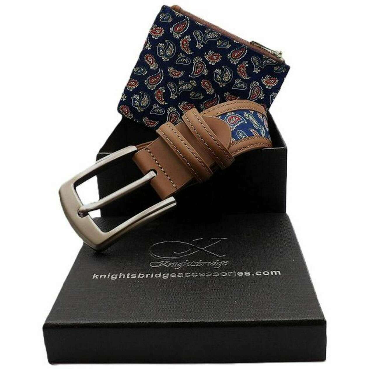 Knightsbridge Neckwear Buckingham Paisley Belt and Wallet Set - Brown