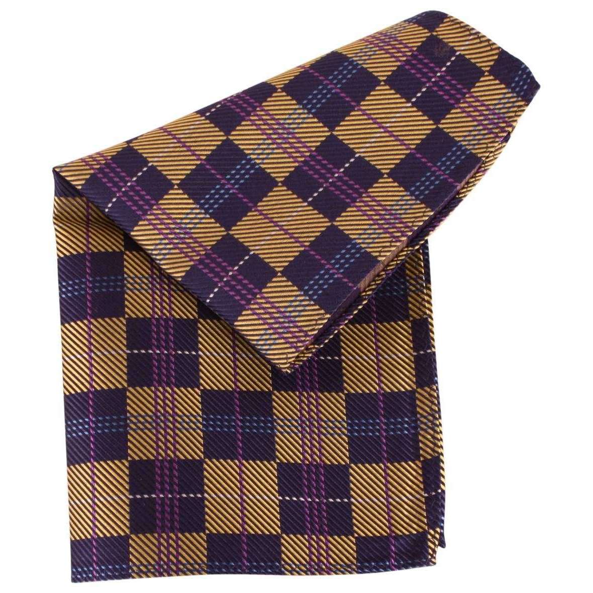 Knightsbridge Neckwear Checked Silk Pocket Square - Navy/Gold - Image 2