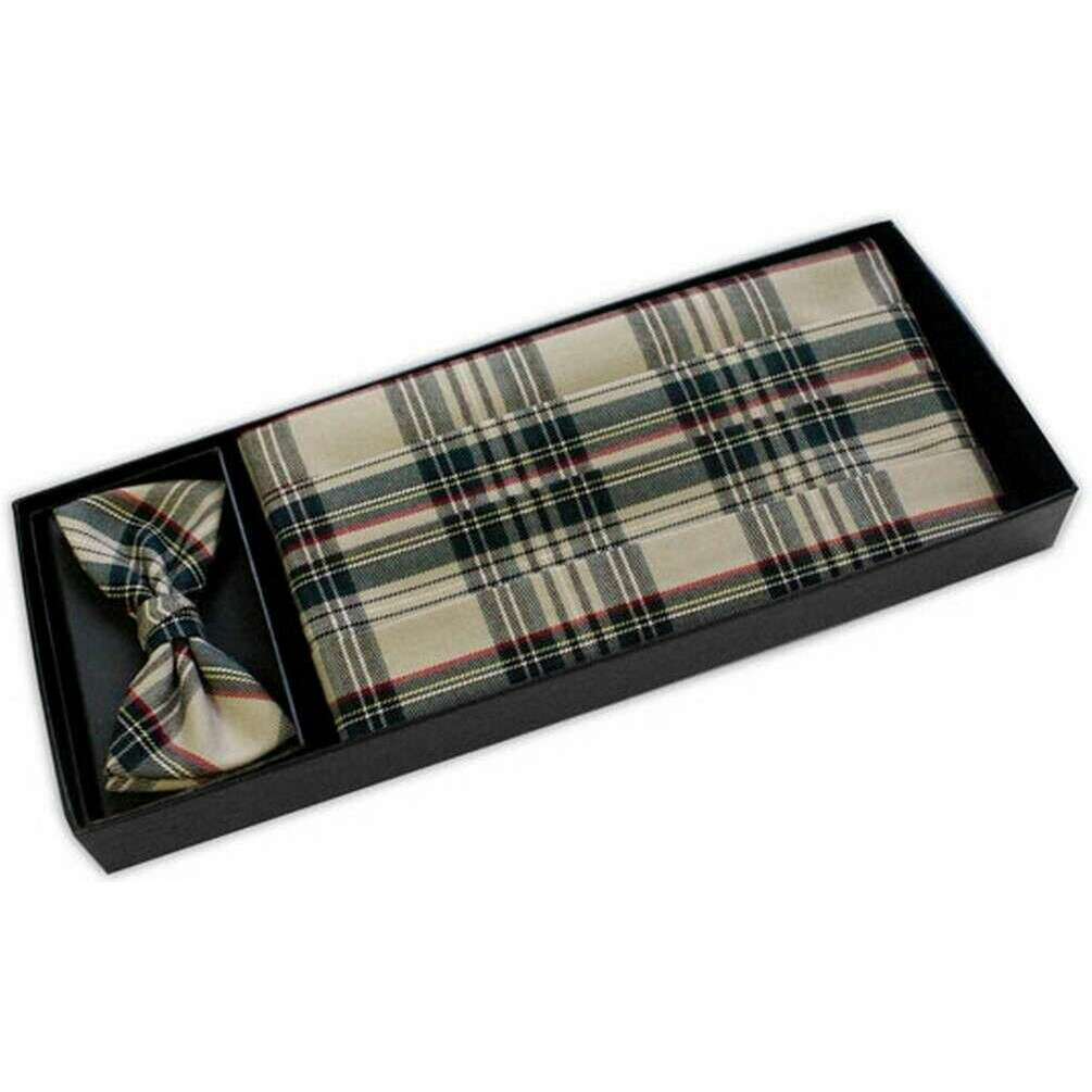 Knightsbridge Neckwear Tartan Cummerbund and Bow Tie Set - Beige