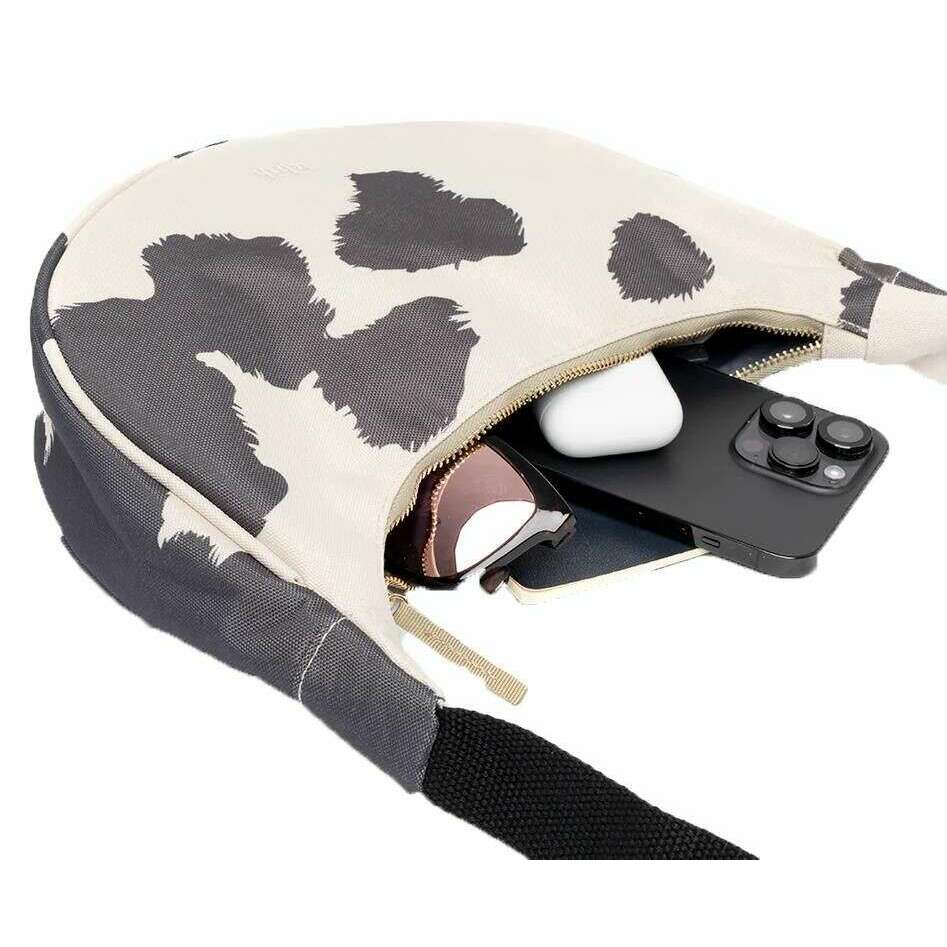 Lefrik Lua Printed Cow Shoulder Bag - Cream/Grey - Image 3