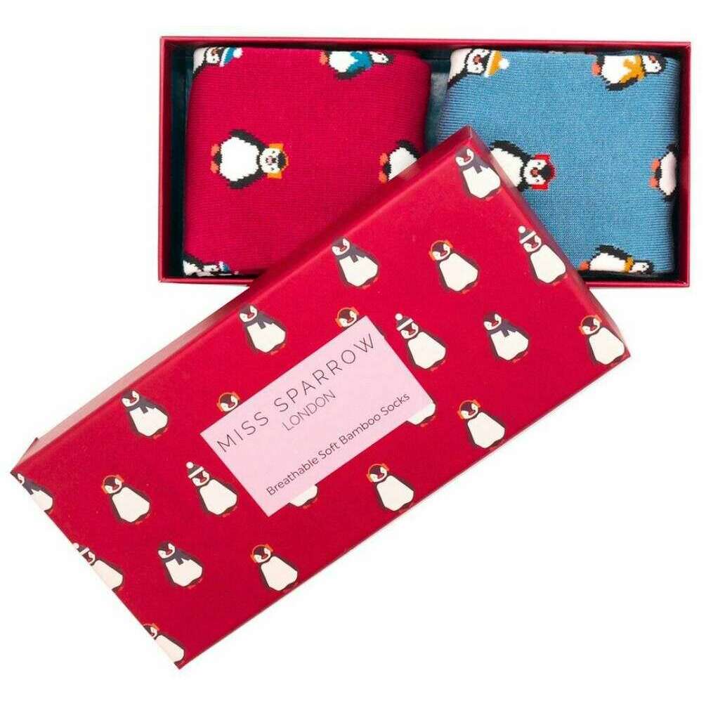 Miss Sparrow London 2 Pack Baby Penguins Sock Box - Red/Blue