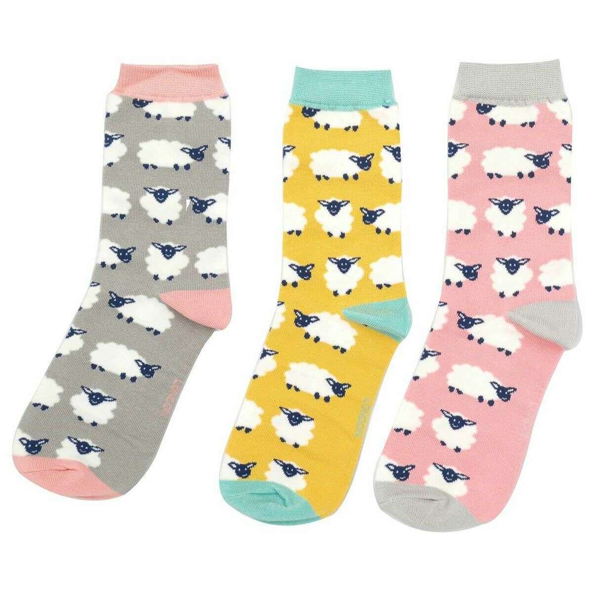 Miss Sparrow London 3 Pack Happy Sheep Sock Box - Yellow/Grey/Pink