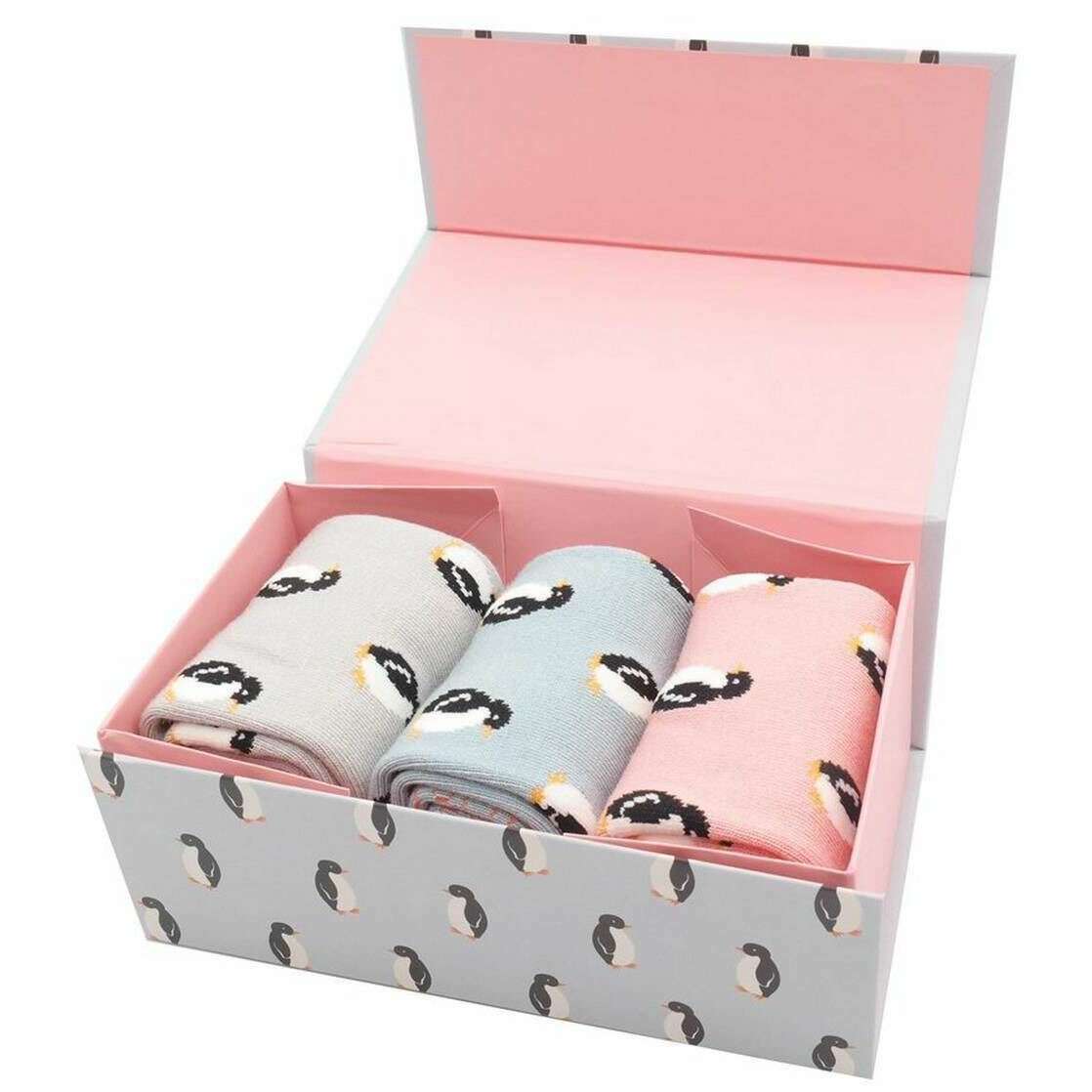 Miss Sparrow London 3 Pack Little Penguins Sock Box - Grey/Blue/Pink - Image 5