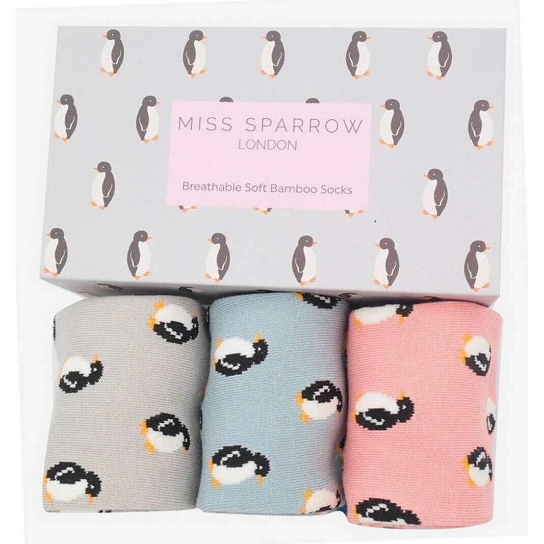 Miss Sparrow London 3 Pack Little Penguins Sock Box - Grey/Blue/Pink - Image 6