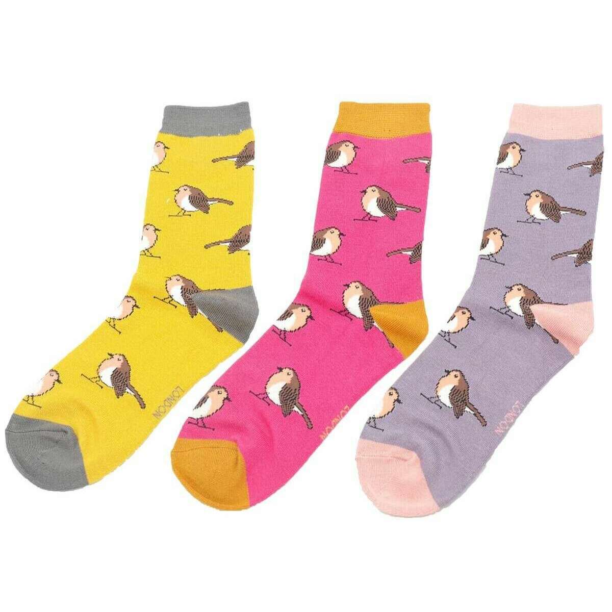 Miss Sparrow London 3 Pack Robins Sock Box - Pink/Yellow/Purple