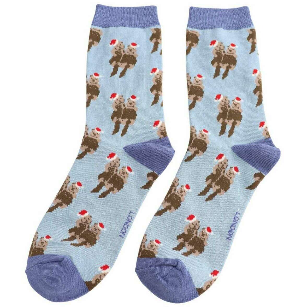 Miss Sparrow London Festive Otters Bamboo Socks - Powder Blue