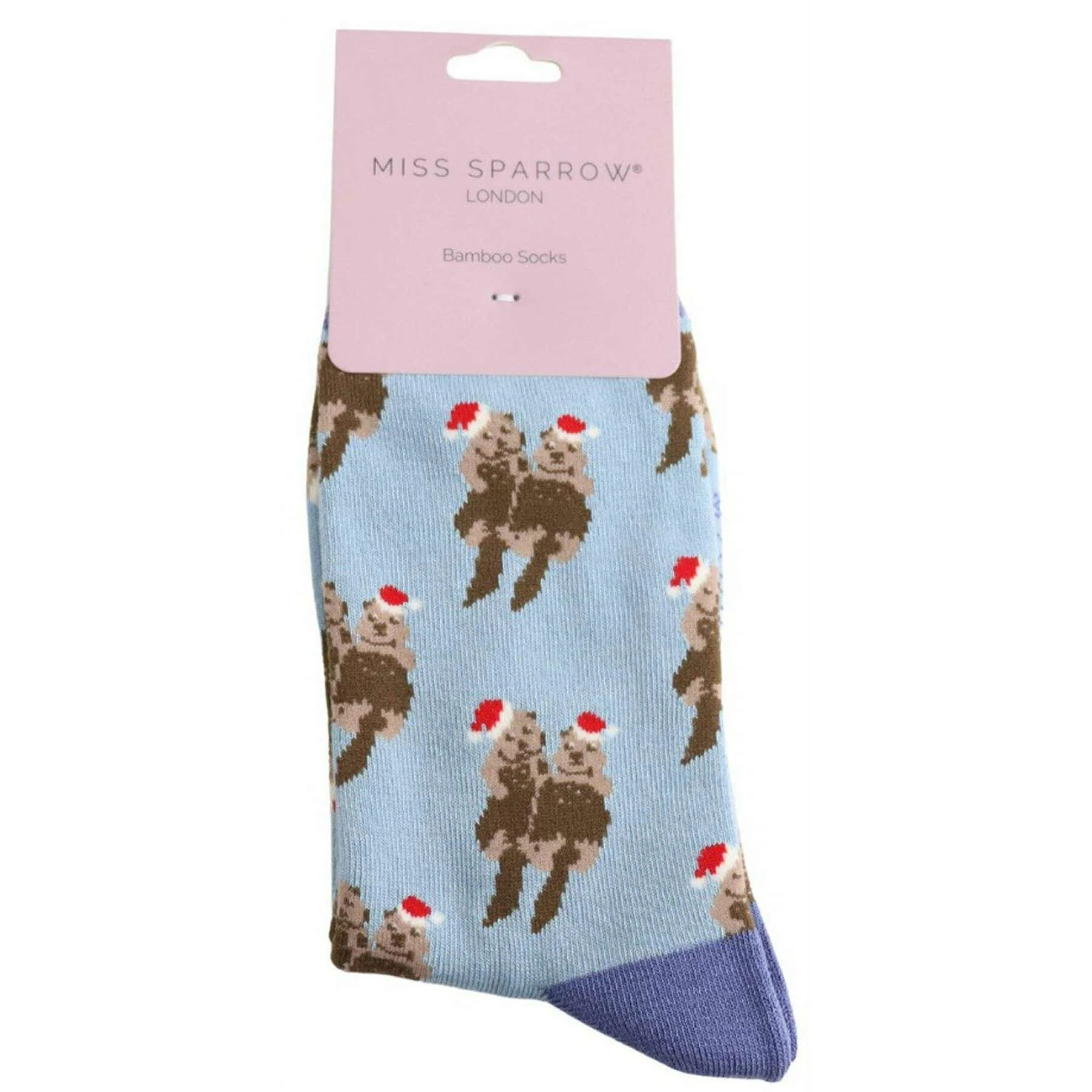 Miss Sparrow London Festive Otters Bamboo Socks - Powder Blue - Image 2