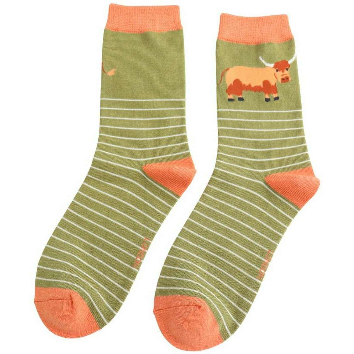 Miss Sparrow London Highland Cow and Stripes Bamboo Socks - Moss Green