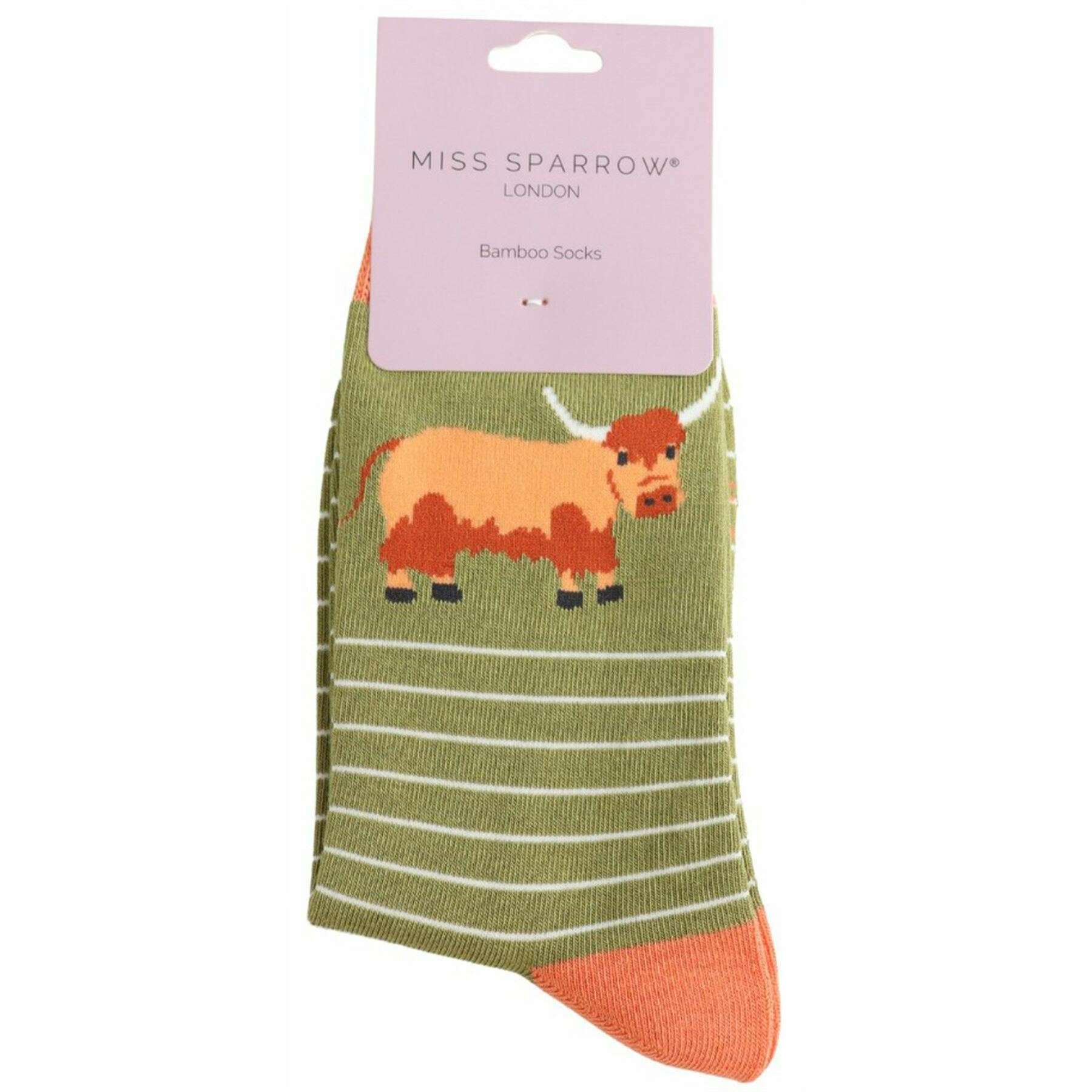 Miss Sparrow London Highland Cow and Stripes Bamboo Socks - Moss Green - Image 3