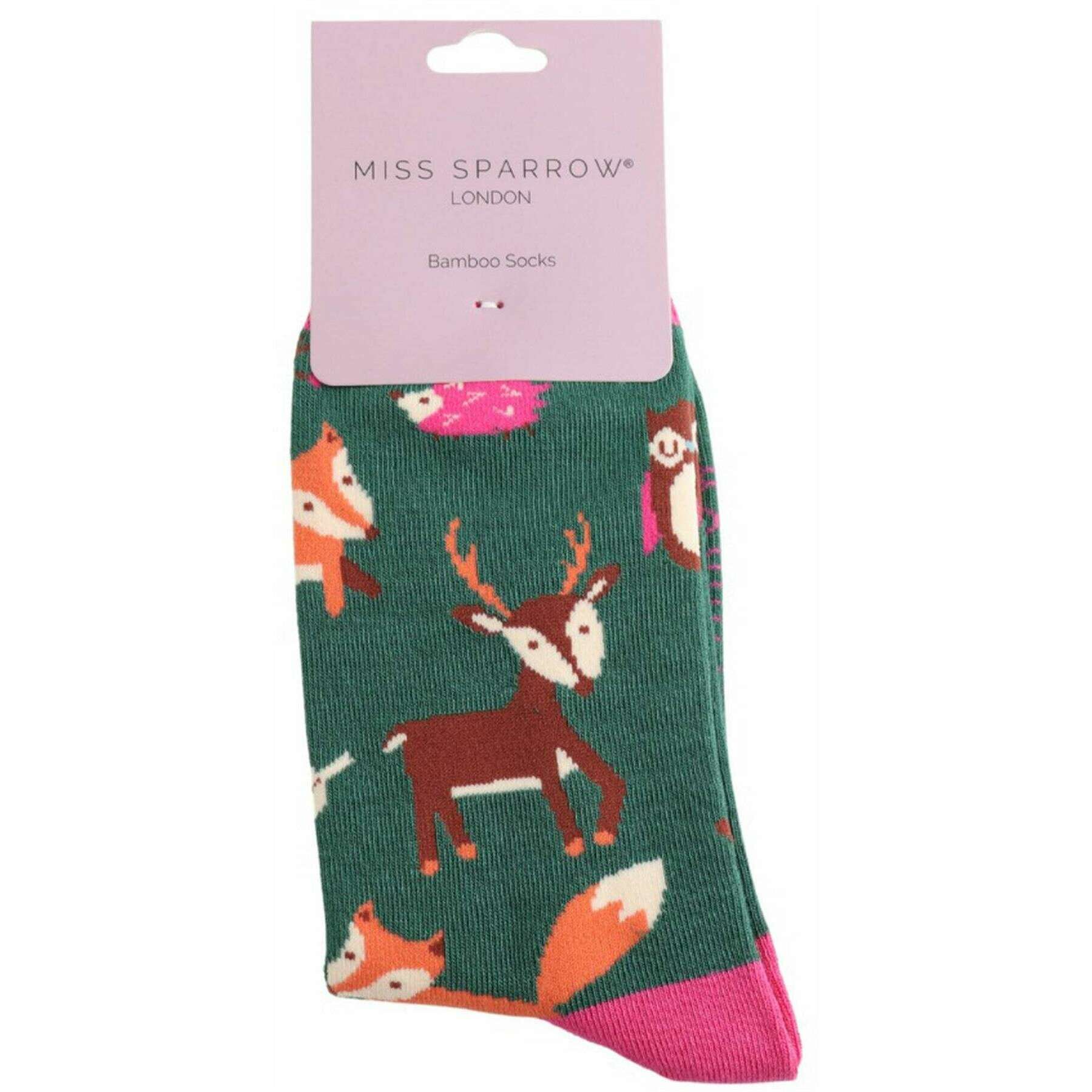 Miss Sparrow London Woodland Animals Bamboo Socks - Dark Green - Image 2