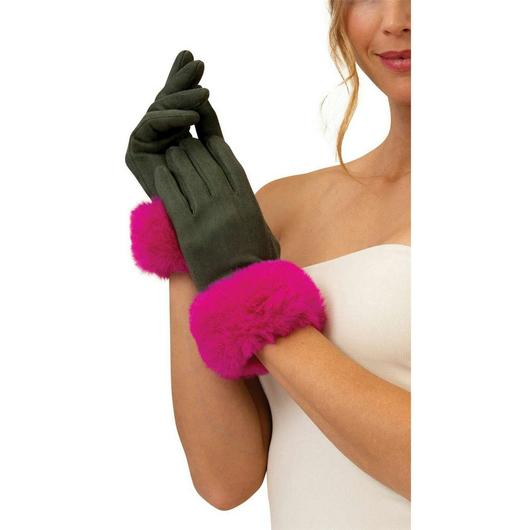 Powder Bettina Gloves - Olive Green/Magenta Pink