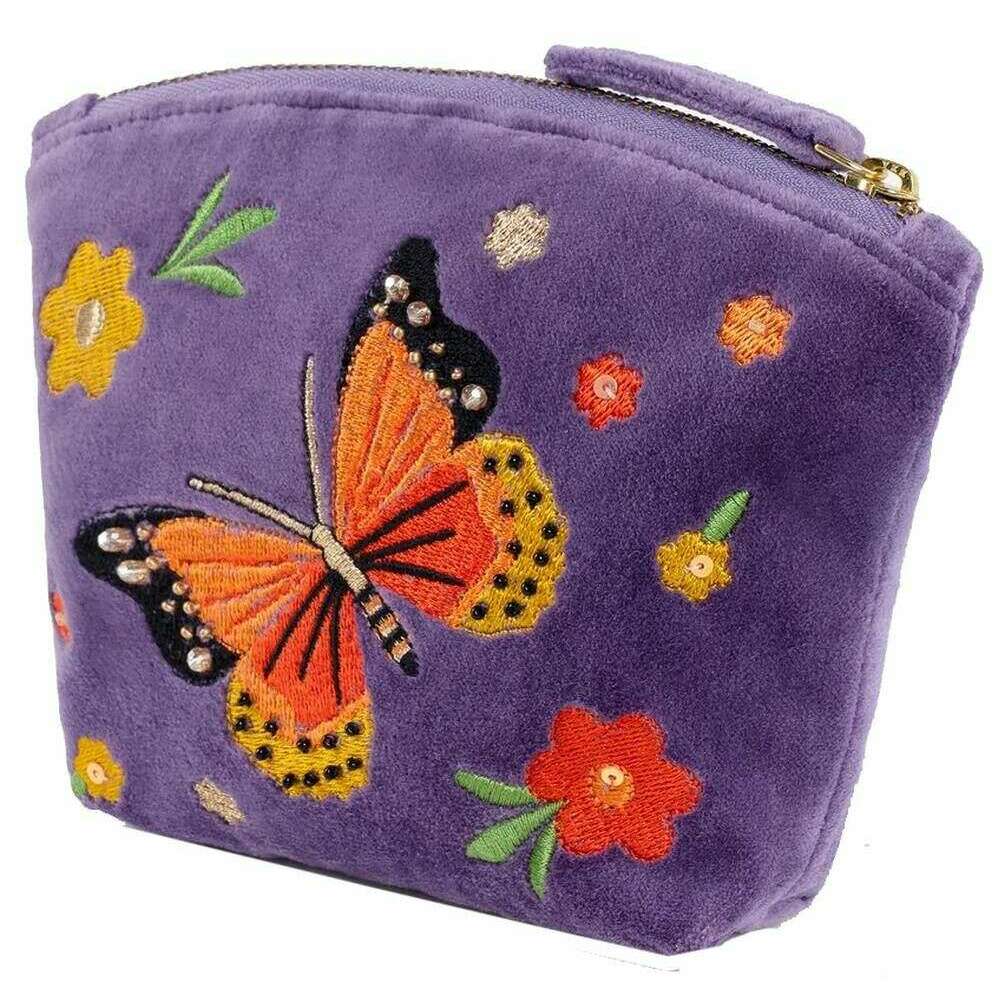 Powder Bonny Butterfly Embroidered Velvet Mini Pouch - Purple/Orange/Red