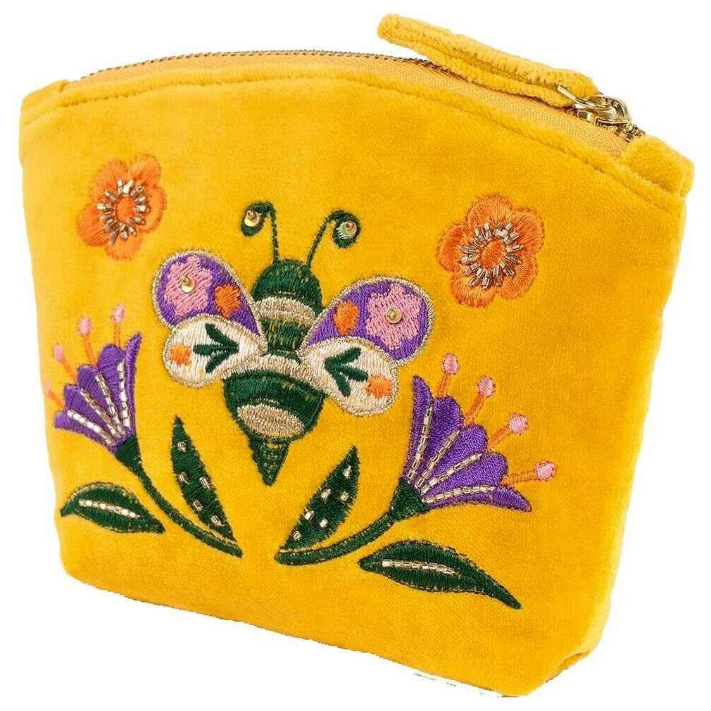 Powder Brilliant Bumblebee Embroidered Velvet Mini Pouch - Yellow/Purple/Green