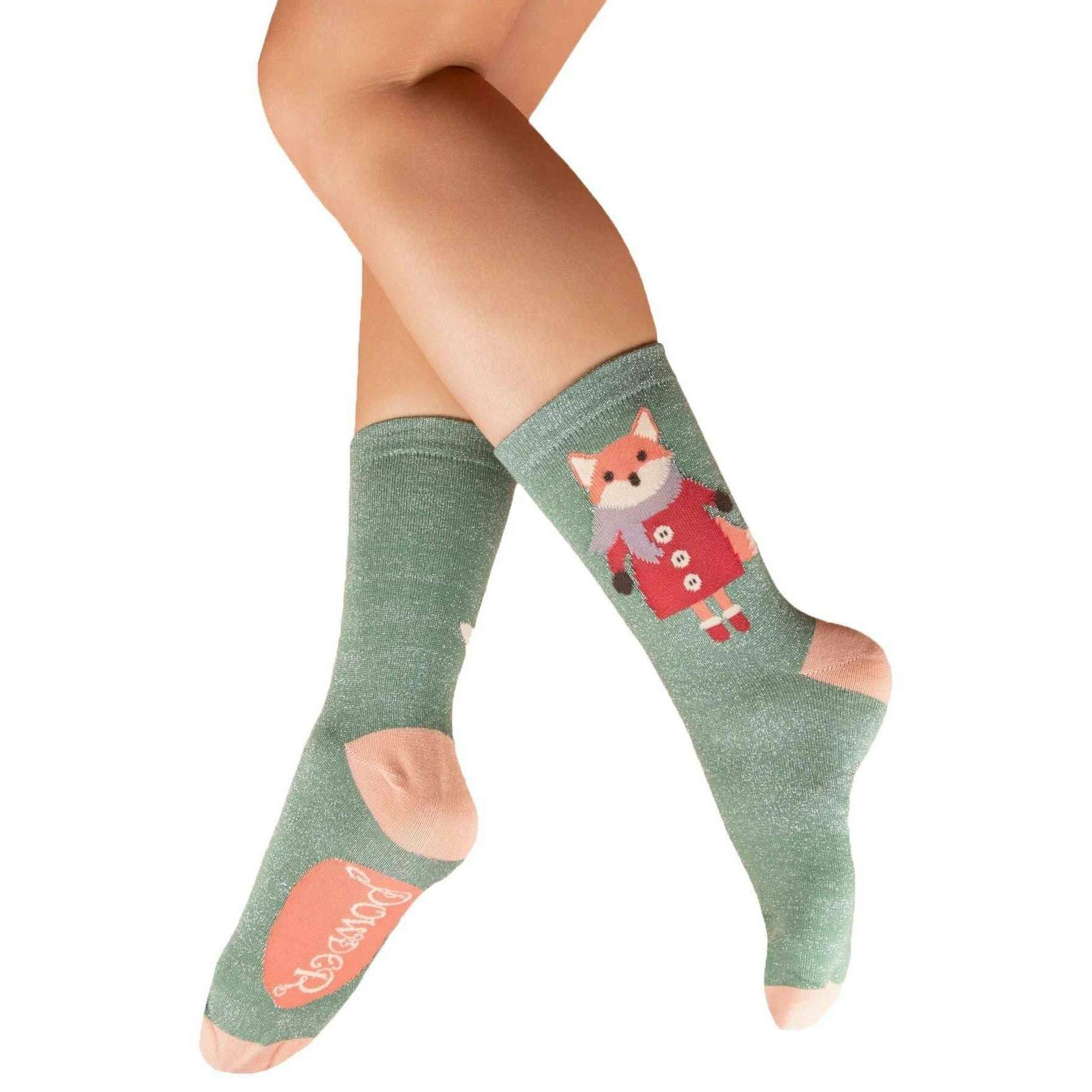 Powder Cosy Fox Glitter Ankle Socks - Green