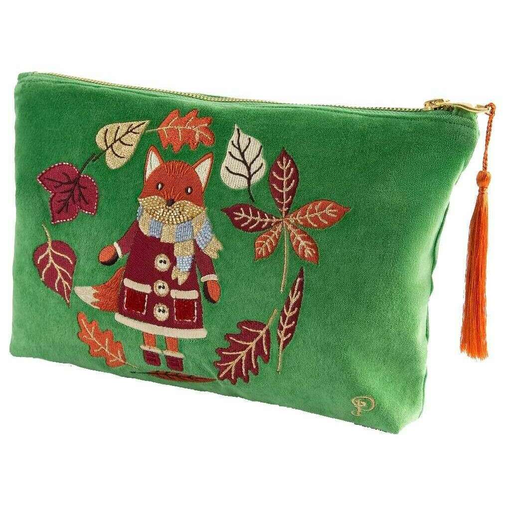 Powder Cosy Fox Velvet Zip Pouch - Fern Green