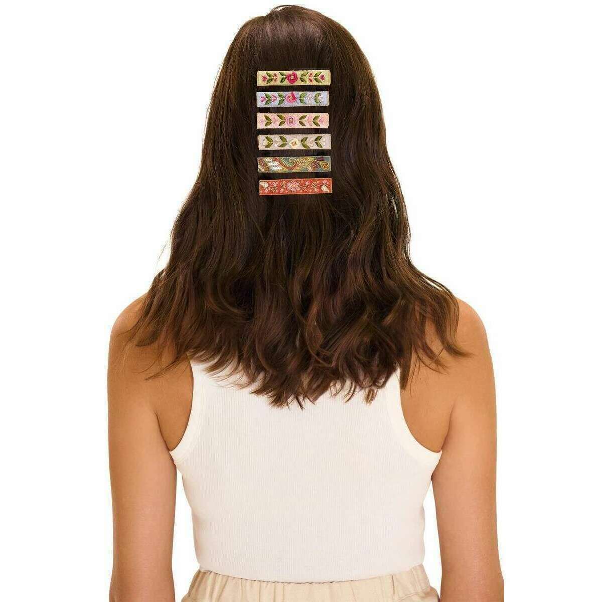 Powder Embroidered Festival Hair Bars - Tangerine Orange/Teal - Image 2