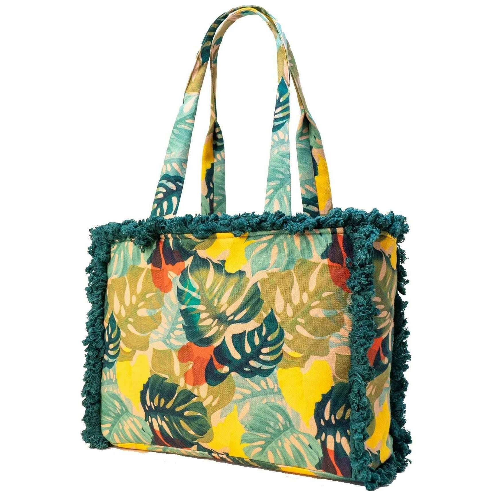 Powder Exotic Leaves Fringe Box Tote - Blue/Beige/Yellow