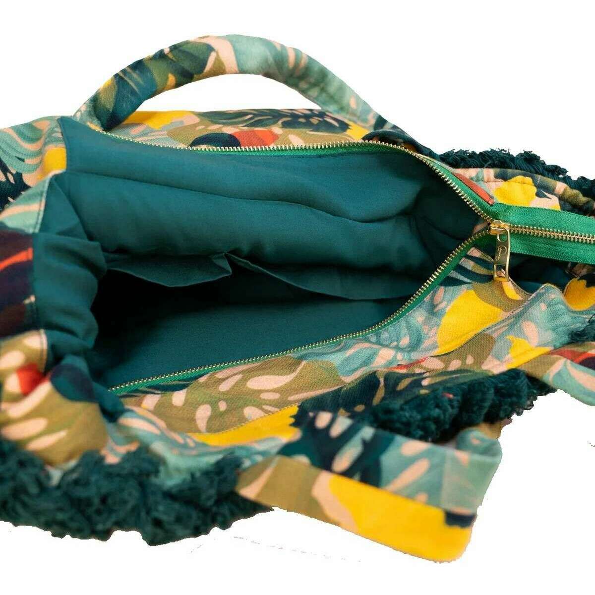 Powder Exotic Leaves Fringe Box Tote - Blue/Beige/Yellow - Image 2