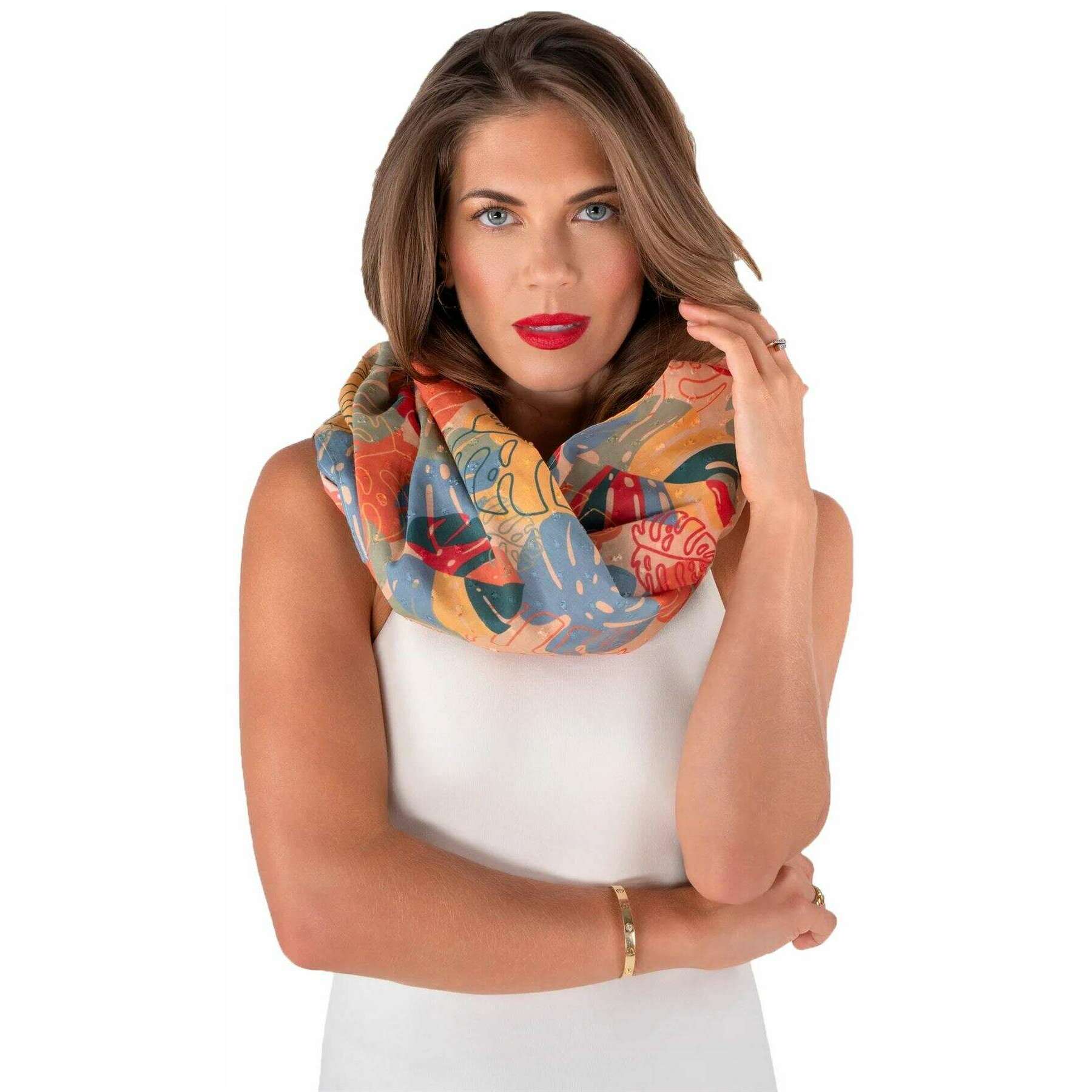 Powder Exotic Leaves Infinity Scarf - Blue/Red/Yellow