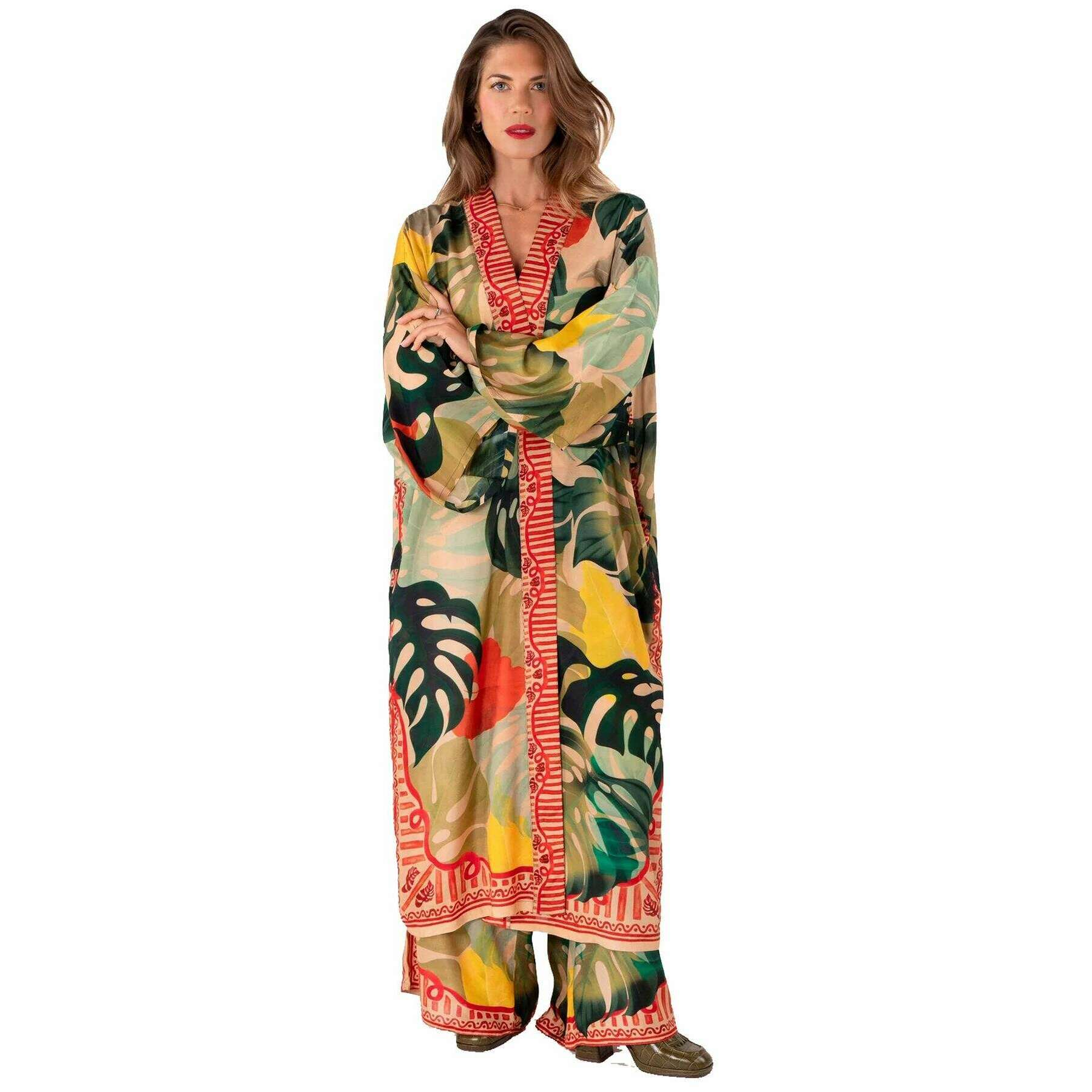 Powder Exotic Leaves Kimono Gown - Green/Beige/Yellow