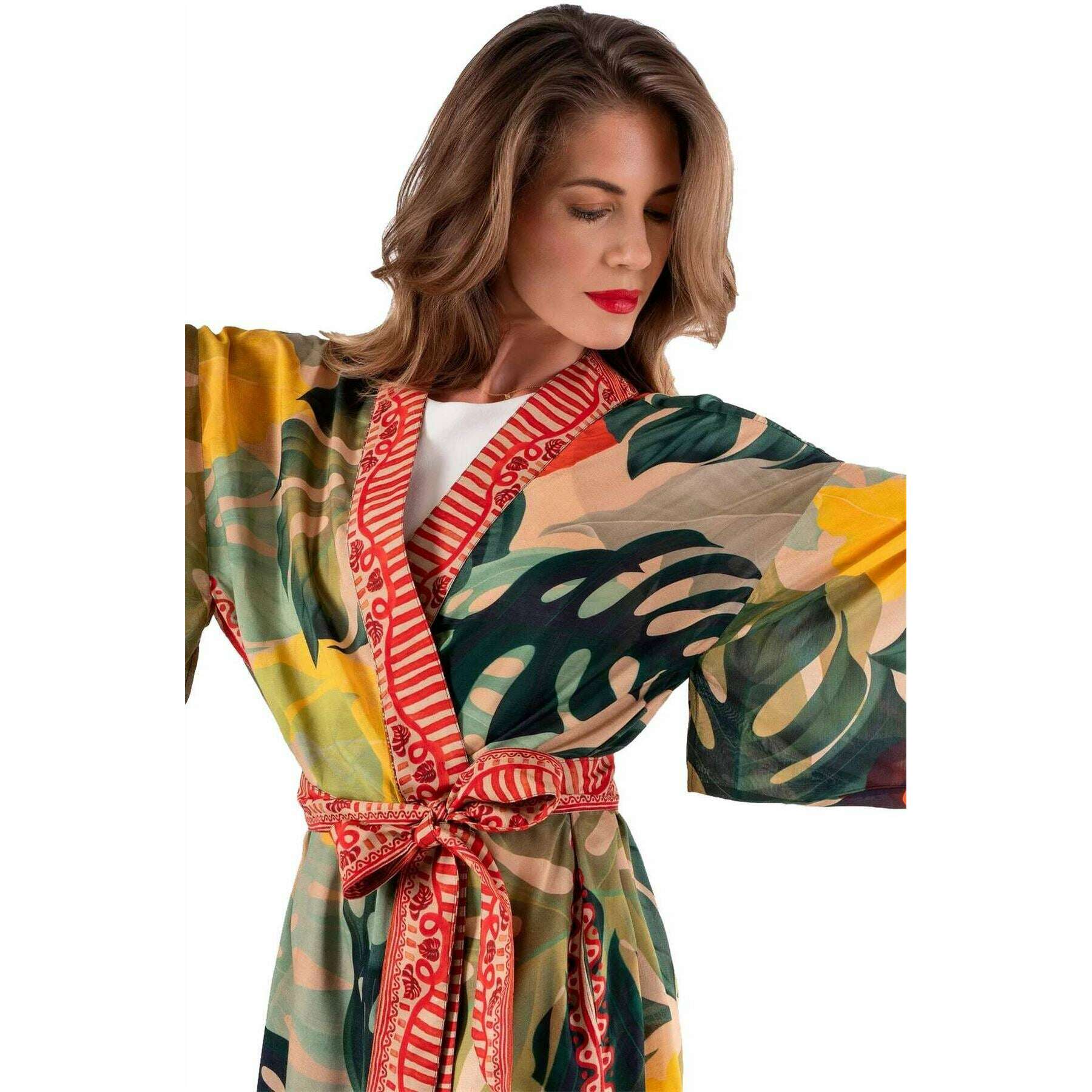 Powder Exotic Leaves Kimono Gown - Green/Beige/Yellow - Image 2