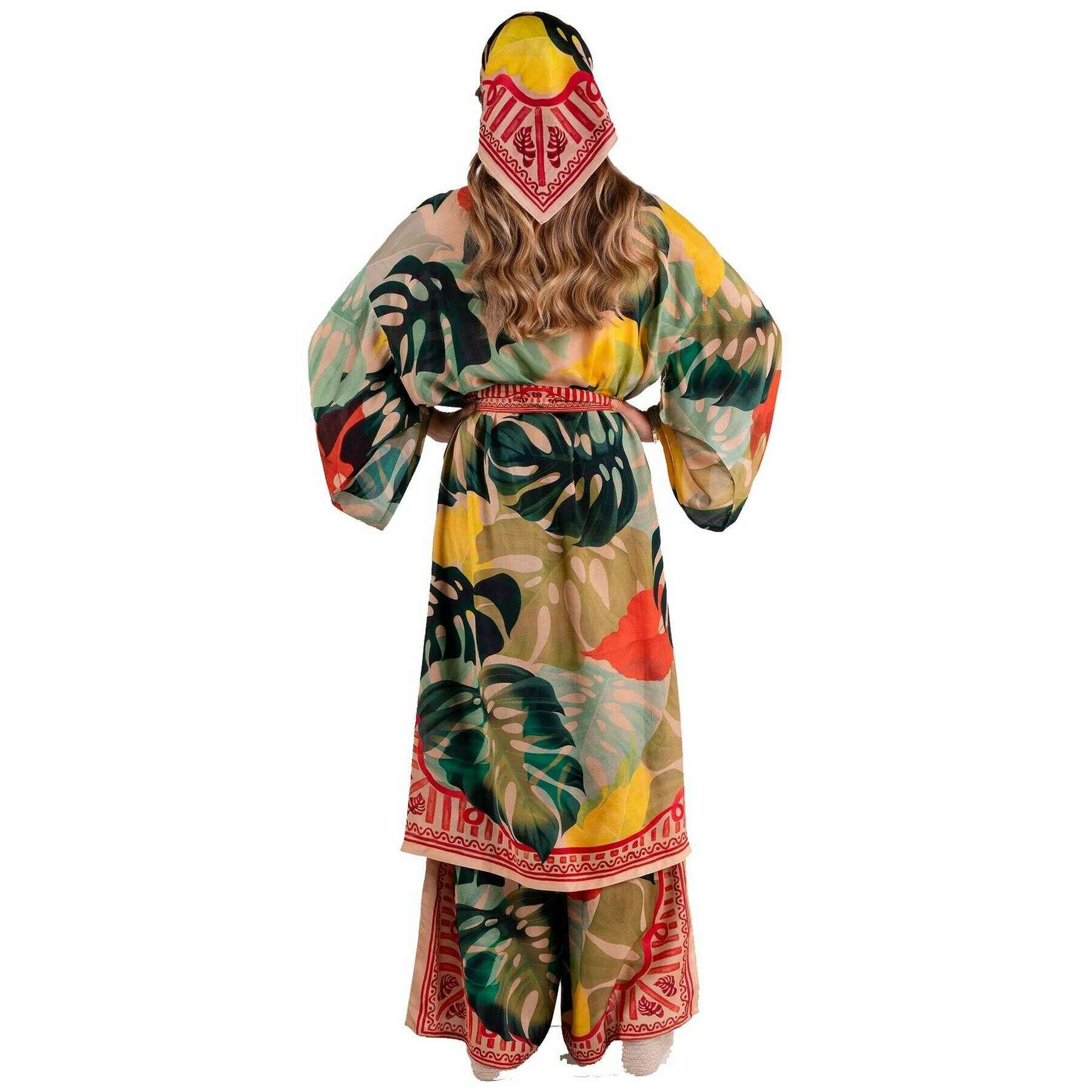 Powder Exotic Leaves Kimono Gown - Green/Beige/Yellow - Image 3