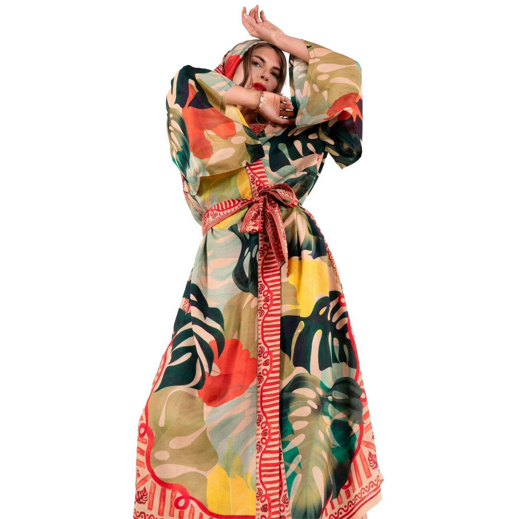 Powder Exotic Leaves Kimono Gown - Green/Beige/Yellow - Image 4